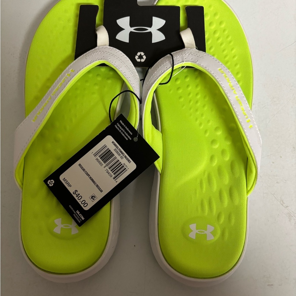 Under Armour Neon Lime Green and White Women's Flip Flops